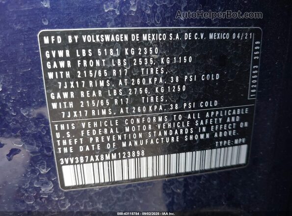 3VV3B7AX8MM123898 2021 VOLKSWAGEN TIGUAN Синий Вид подкапотного пространства
