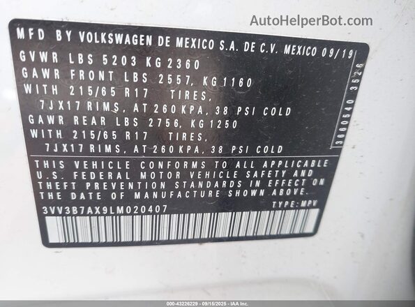 3VV3B7AX9LM020407 2020 VOLKSWAGEN TIGUAN White Вид підкапотного простору