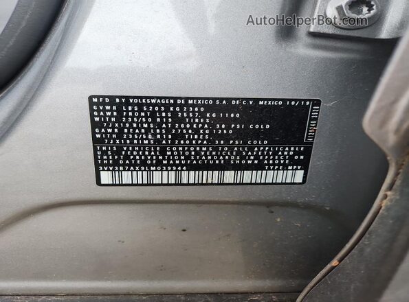 3VV3B7AX9LM039944 2020 VOLKSWAGEN TIGUAN Silver Vista de la etiqueta del VIN