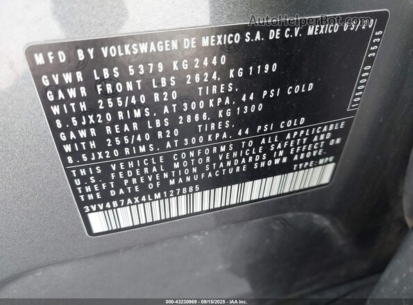 3VV4B7AX4LM127885 2020 VOLKSWAGEN TIGUAN Gray ძრავის განყოფილების ხედი