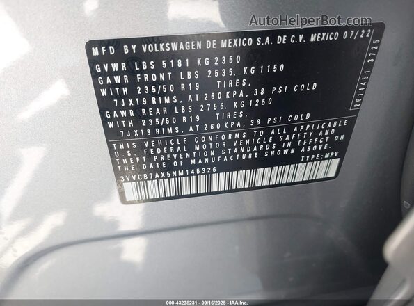 3VVCB7AX5NM145326 2022 VOLKSWAGEN TIGUAN Gray Widok komory silnika