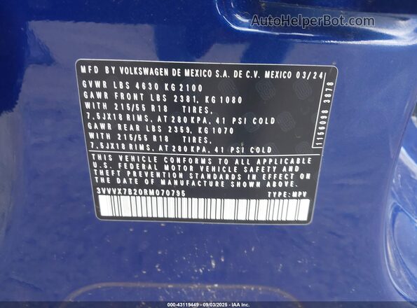 3VVVX7B20RM070795 2024 VOLKSWAGEN TAOS Синий Вид подкапотного пространства