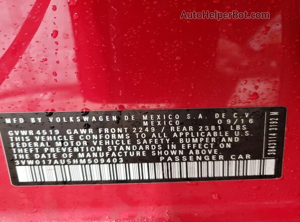 3VW017AU5HM509403 2017 VOLKSWAGEN GOLF Red 