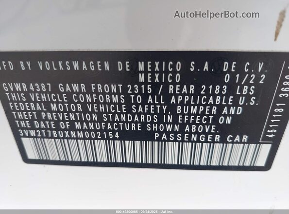 3VW2T7BUXNM002154 2022 VOLKSWAGEN JETTA White 