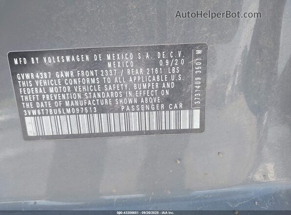 3VW6T7BU5LM097513 2020 VOLKSWAGEN JETTA Gray ძრავის განყოფილების ხედი
