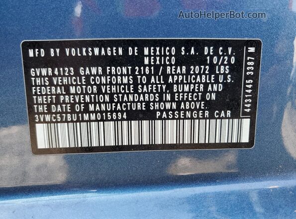 3VWC57BU1MM015694 2021 VOLKSWAGEN JETTA Синий 