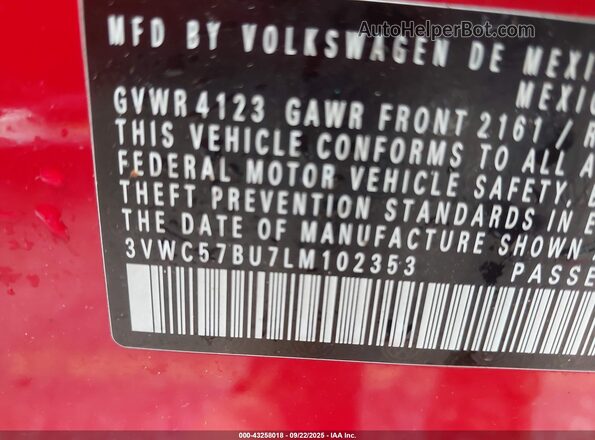 3VWC57BU7LM102353 2020 VOLKSWAGEN JETTA Red ძრავის განყოფილების ხედი