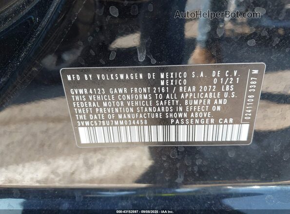 3VWC57BU7MM034458 2021 VOLKSWAGEN JETTA Black ძრავის განყოფილების ხედი