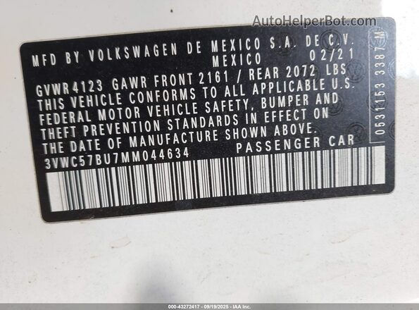 3VWC57BU7MM044634 2021 VOLKSWAGEN JETTA White Շարժիչի բաժամունքի տեսք