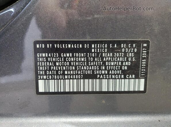 3VWCB7BU0LM048807 2020 VOLKSWAGEN JETTA Gray VIN კოდის სტიკერის ხედი