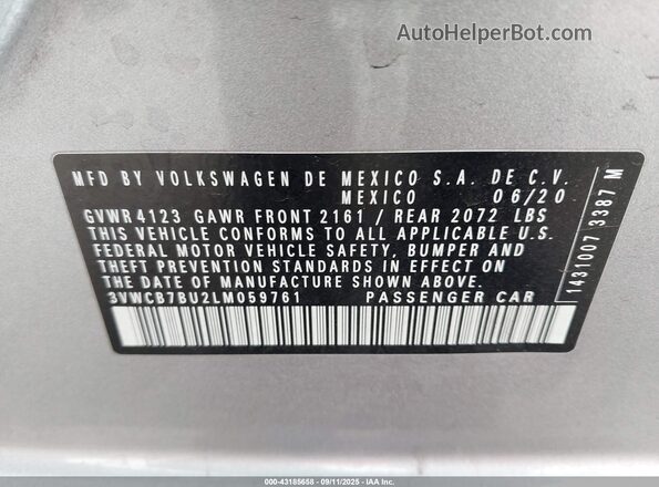 3VWCB7BU2LM059761 2020 VOLKSWAGEN JETTA Silver Вид підкапотного простору