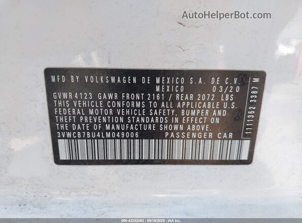 3VWCB7BU4LM049006 2020 VOLKSWAGEN JETTA White Engine compartment view