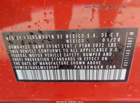3VWCB7BU5LM020047 2020 VOLKSWAGEN JETTA Orange Engine compartment view