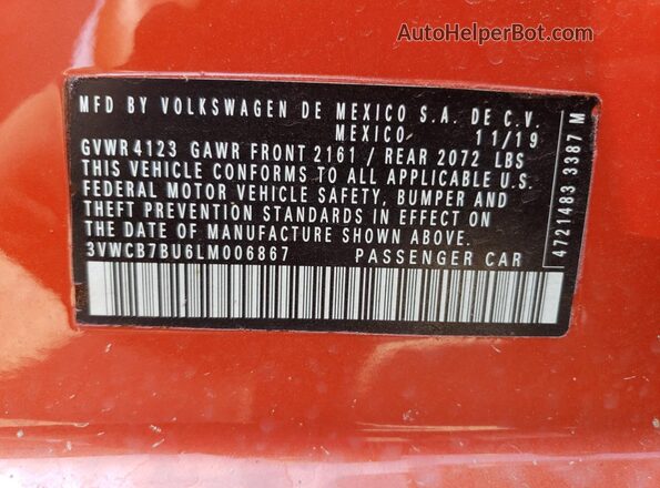 3VWCB7BU6LM006867 2020 VOLKSWAGEN JETTA Orange Вид наклейки з VIN-кодом