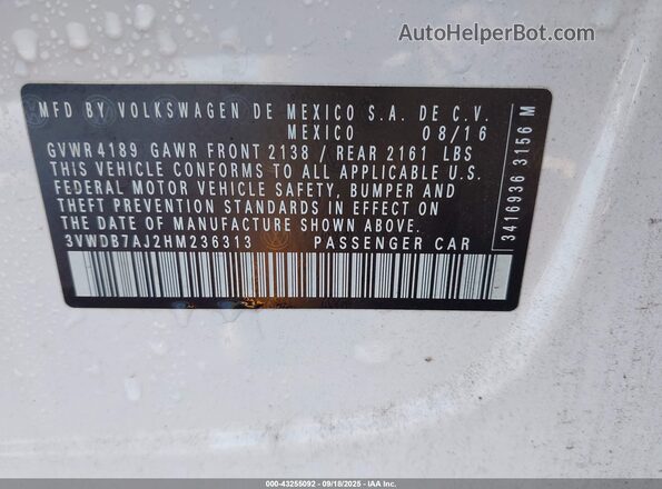 3VWDB7AJ2HM236313 2017 VOLKSWAGEN JETTA White 