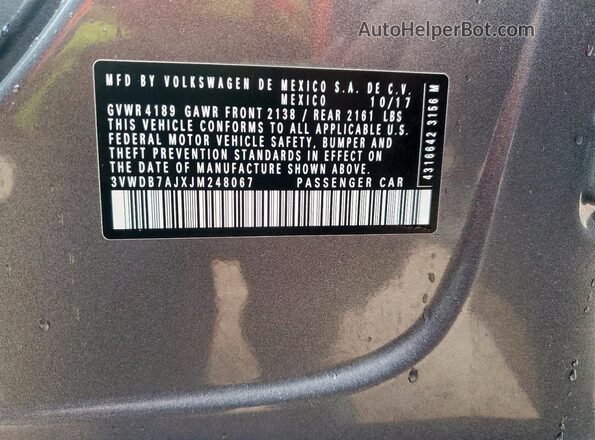 3VWDB7AJXJM248067 2018 VOLKSWAGEN JETTA Gray 