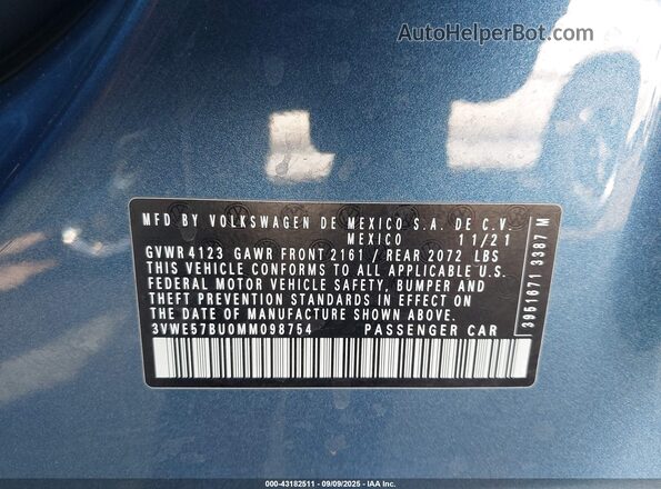 3VWE57BU0MM098754 2021 VOLKSWAGEN JETTA Blue Շարժիչի բաժամունքի տեսք