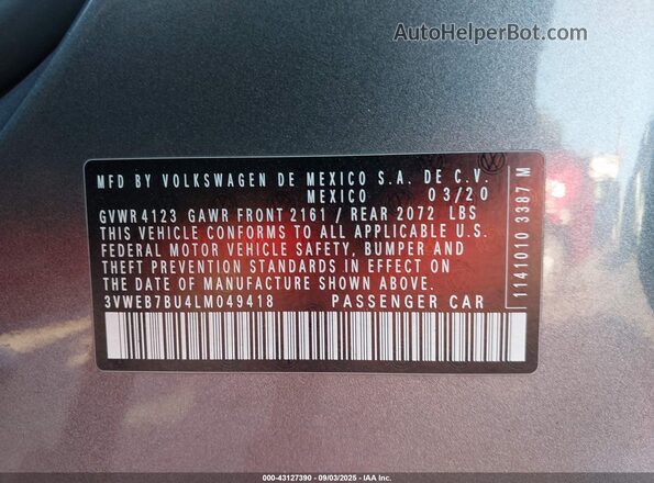 3VWEB7BU4LM049418 2020 VOLKSWAGEN JETTA Gray Вид підкапотного простору