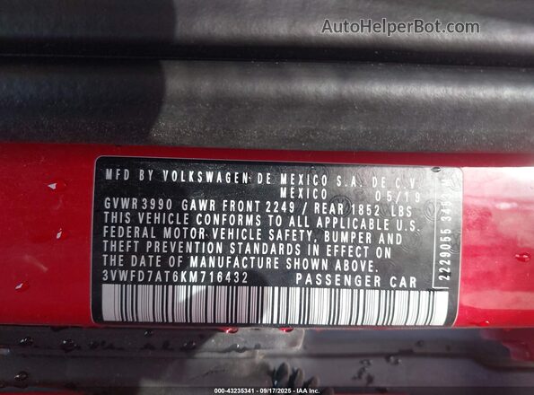3VWFD7AT6KM716432 2019 VOLKSWAGEN BEETLE Красный 