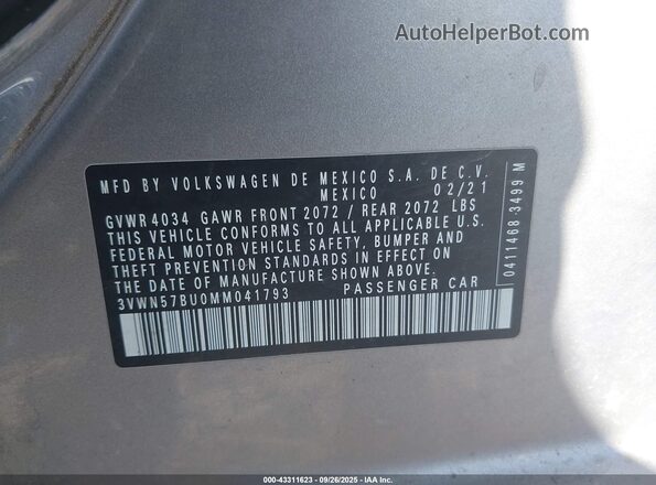 3VWN57BU0MM041793 2021 VOLKSWAGEN JETTA Серебряный Вид подкапотного пространства