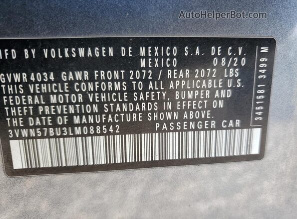 3VWN57BU3LM088542 2020 VOLKSWAGEN JETTA Gray VIN կոդի պիտակի տեսք