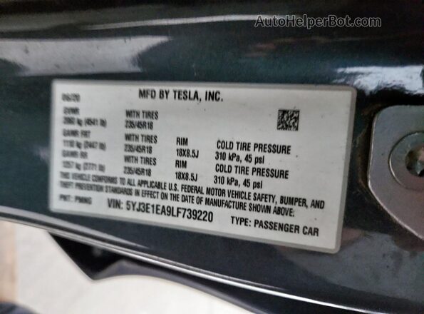 5YJ3E1EA9LF739220 2020 TESLA MODEL 3 Серебряный Вид наклейки с VIN-кодом