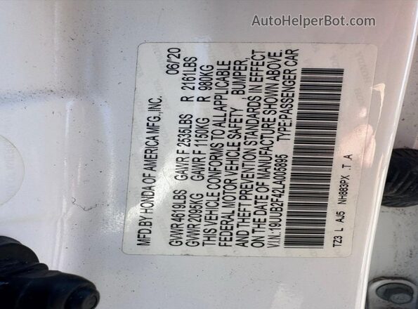 19UUB2F42LA005895 2020 ACURA TLX White Սալոնի հետևի տեսք