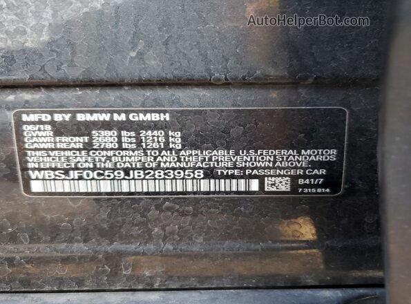 WBSJF0C59JB283958 2018 BMW M5 Black VIN sticker view