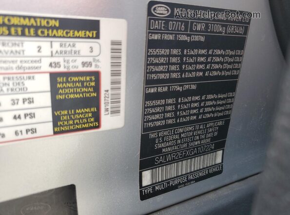 SALWR2EFXGA107224 2016 LAND ROVER RANGE ROVER Silver VIN sticker view