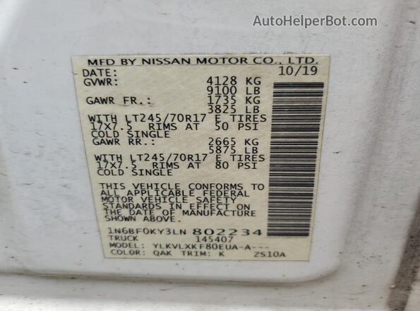 1N6BF0KY3LN802234 2020 NISSAN NV White 