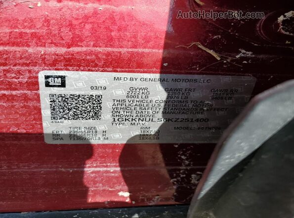 1GKKNULS6KZ251400 2019 GMC ACADIA Красный 