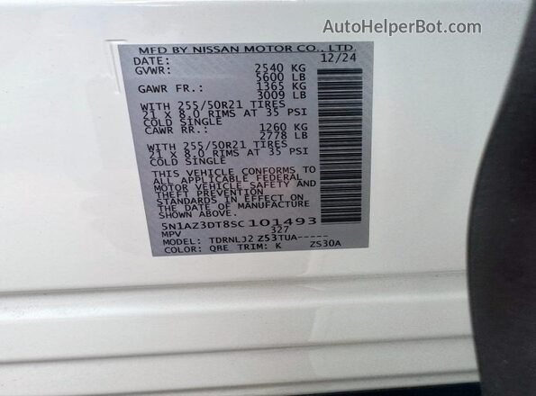 5N1AZ3DT8SC101493 2025 NISSAN MURANO White Rear interior view