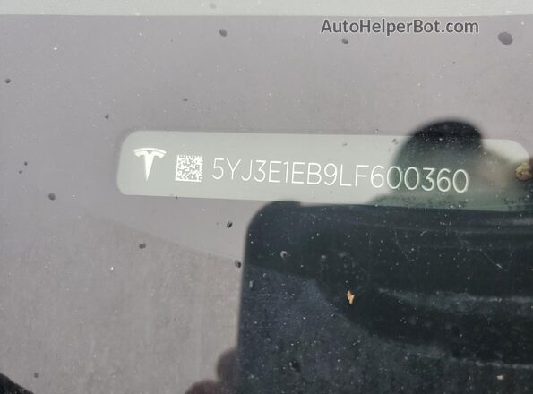 5YJ3E1EB9LF600360 2020 TESLA MODEL Red Vista de la etiqueta del VIN
