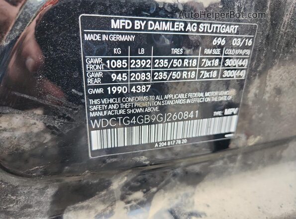 WDCTG4GB9GJ260841 2016 MERCEDES-BENZ GLA-CLASS Black Widok naklejki z numerem VIN