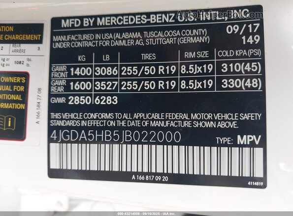 4JGDA5HB5JB022000 2018 MERCEDES-BENZ GLE Белый 