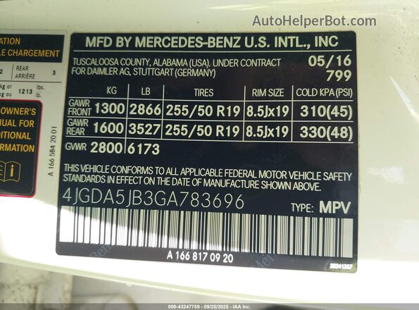 4JGDA5JB3GA783696 2016 MERCEDES-BENZ GLE 350 Белый 