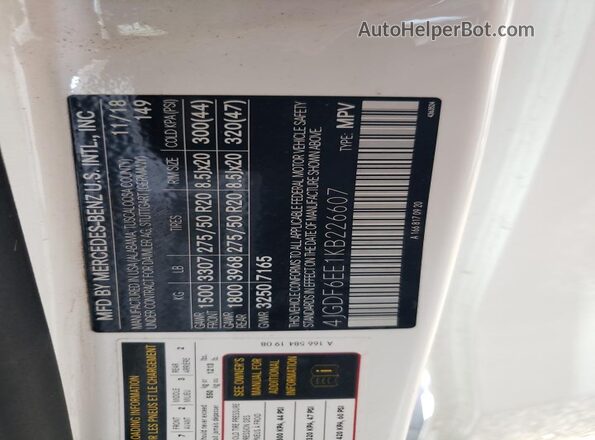 4JGDF6EE1KB226607 2019 MERCEDES-BENZ GLS White Панорамний вид салону 360°