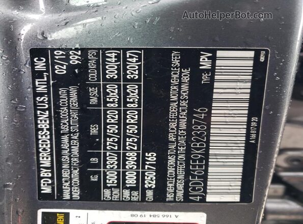 4JGDF6EE9KB238746 2019 MERCEDES-BENZ GLS Silver VIN sticker view