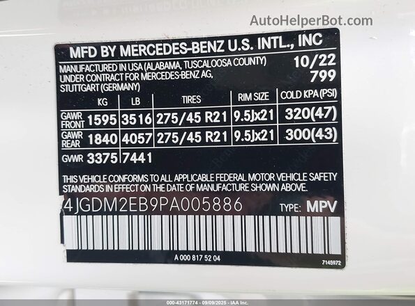 4JGDM2EB9PA005886 2023 MERCEDES-BENZ EQS 450 SUV White Vista del compartimento del motor