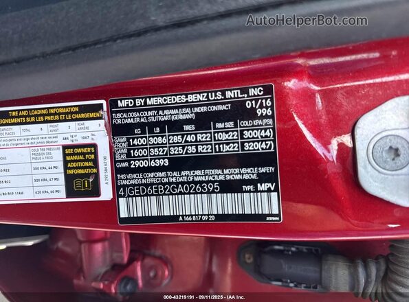 4JGED6EB2GA026395 2016 MERCEDES-BENZ GLE COUPE Red 