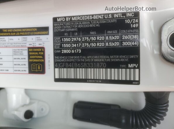 4JGFB4EB6SB331870 2025 MERCEDES-BENZ GLE White VIN კოდის სტიკერის ხედი