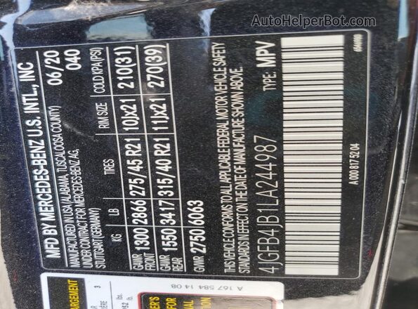 4JGFB4JB1LA244987 2020 MERCEDES-BENZ GLE Black VIN კოდის სტიკერის ხედი