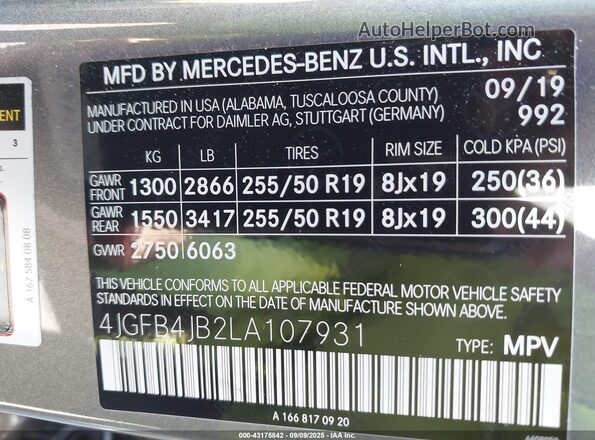 4JGFB4JB2LA107931 2020 MERCEDES-BENZ GLE Gray Вид підкапотного простору