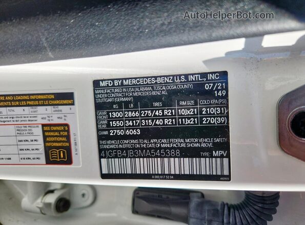 4JGFB4JB3MA545388 2021 MERCEDES-BENZ GLE White VIN კოდის სტიკერის ხედი