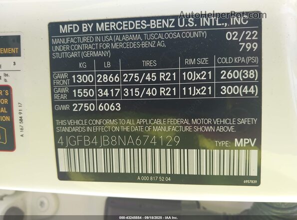 4JGFB4JB8NA674129 2022 MERCEDES-BENZ GLE 350 Белый 