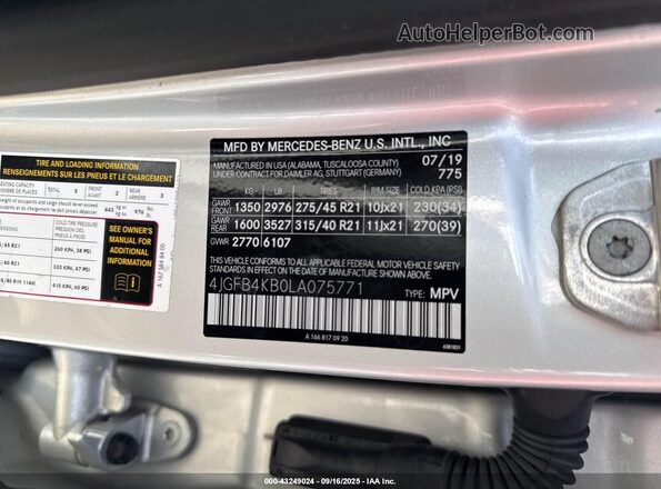 4JGFB4KB0LA075771 2020 MERCEDES-BENZ GLE Silver Widok komory silnika