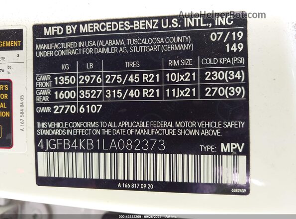4JGFB4KB1LA082373 2020 MERCEDES-BENZ GLE 350 White Շարժիչի բաժամունքի տեսք