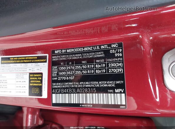 4JGFB4KB3LA028315 2020 MERCEDES-BENZ GLE Red Вид підкапотного простору