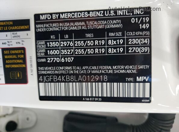 4JGFB4KB8LA012918 2020 MERCEDES-BENZ GLE Белый Вид наклейки с VIN-кодом