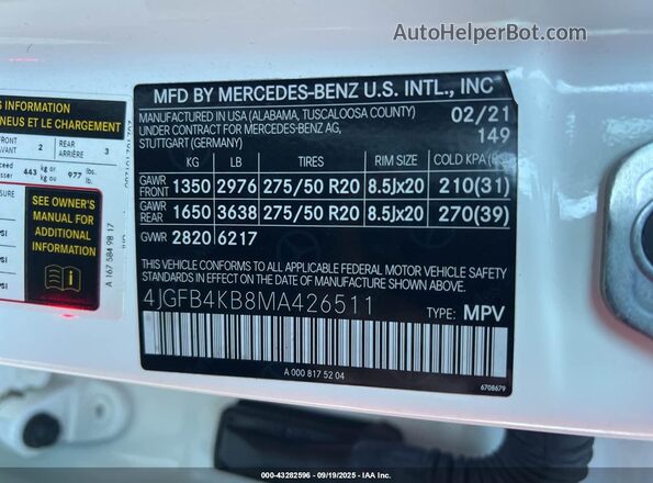 4JGFB4KB8MA426511 2021 MERCEDES-BENZ GLE White Շարժիչի բաժամունքի տեսք